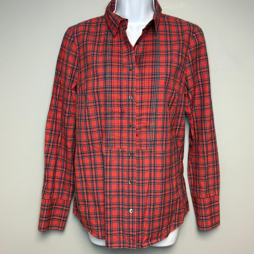 J. Crew Red Pleated Plaid Button-Up Womens Fall‎ Holiday Shirt Sz 4